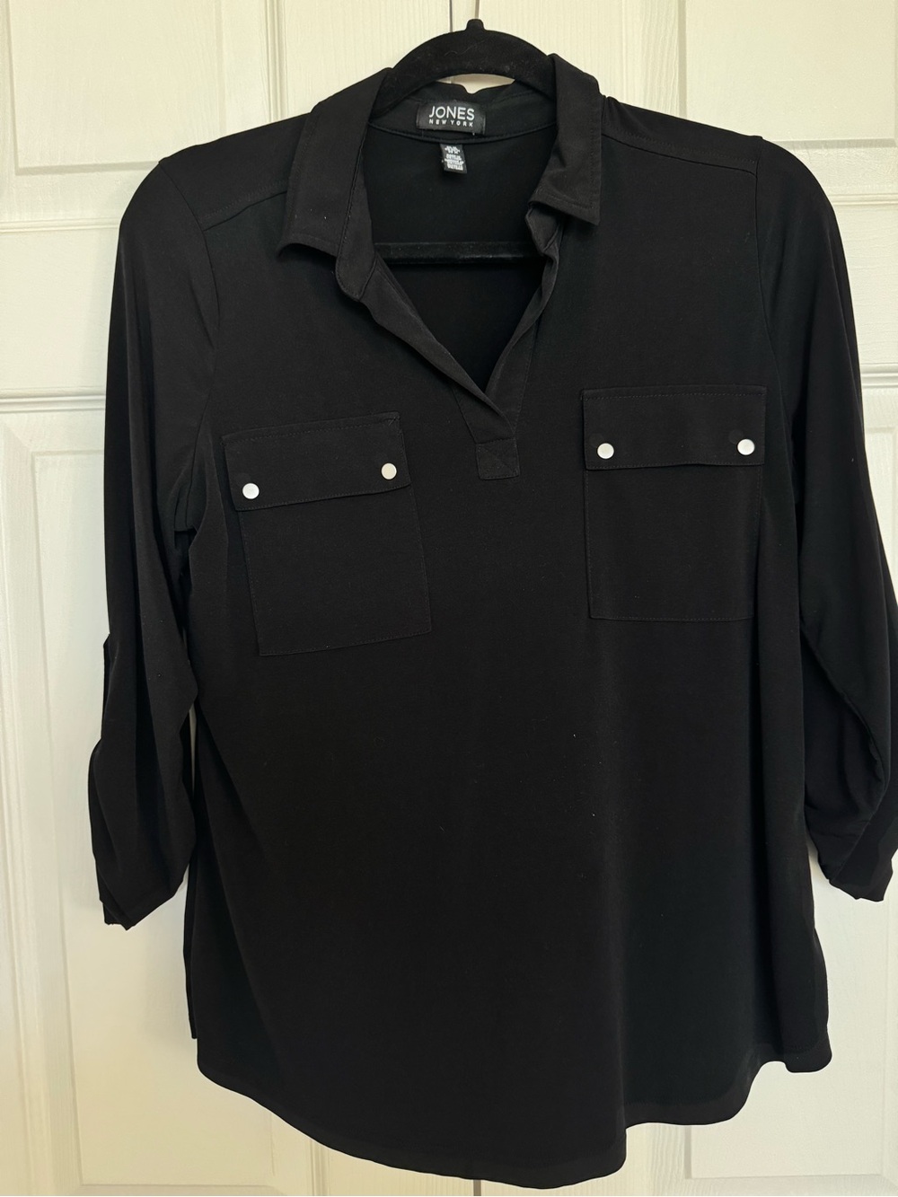 Jones New York Black 3/4 Sleeve Button-Accent Polo Shirt
